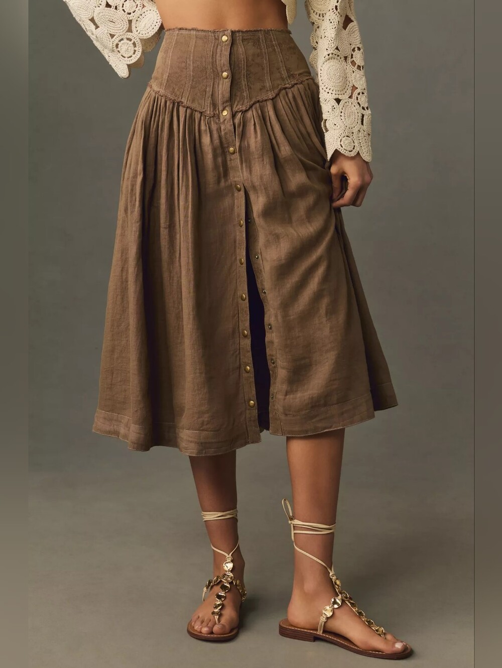 By Anthropologie Linen Pleated Yoke Midi Skirt Snap Front Pockets